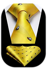 HISDERN Herren Krawatten mit Tiermuster Taschentuch Klassisch Gelb Krawatte und Einstecktuch Set für Hochzeit Business