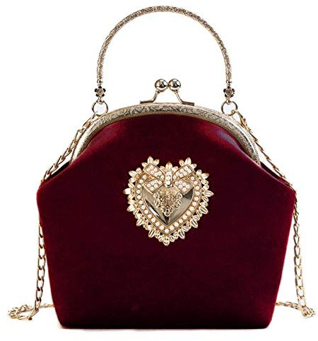 Damen Clutch Tasche, Handtasche, Abendtasche, Frauen Samt Handtasche Vintage Herz Design Abendtasche Hochzeit Party Braut Clutch Umhängetaschen Geldbörse (Farbe: Rot)