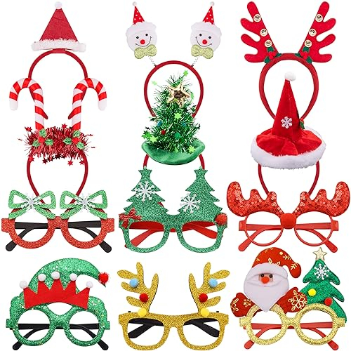 SIQUK 12 Stück Weihnachten Haarreifen Weihnachten Brille Rahmen Set, Stirnbänder Weihnachten Brillen Weihnachts Kopfschmuck Weihnachtsbaum Brillenrahmen für Weihnachs Party Kostüm