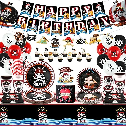 Obussgar Piraten-Geburtstagsparty-Zubehör, 141 Stück Piraten-Party-Dekorationen inklusive Happy Birthday-Banner, Kuchen- und Cupcake-Topper, Luftballons für die Geburtstagsfeier, für 20 Gäste