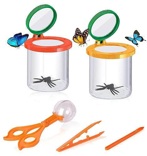 RYAN 2 Stücke Lupenglas für Kinder Set Becherlupen mit Pinzette Lupenbecher Insektenglas mit Lupe Insektenbox Insektenlupe Insektenfänger Forscherset für Kinder zum Beobachten von Insekten