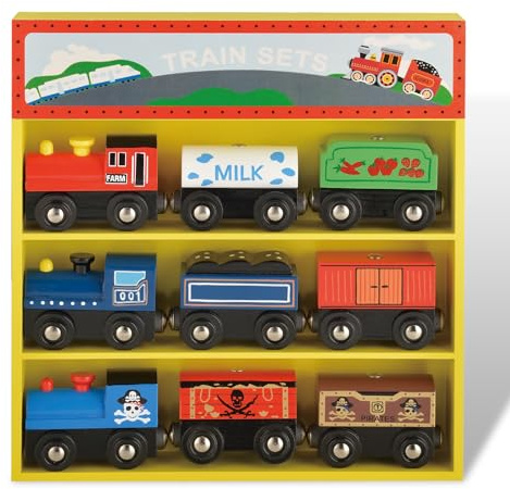 WoodenEdu Wooden Train Sets for Toddlers, 9 Pcs Train Toy Magnetic Sets Fits Brio, Thomas, Melissa and Doug, Kids for Boys Girls 3 4 5 Years Old