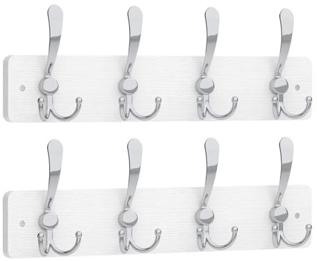 YMYNY Garderobenhaken Holz 2er-Set, Wandgarderobe - Weiß HWS005W-2 | Garderobenleiste holz mit 8 Dreifachhaken in Silber, Wandgarderobe für Mäntel, Jacken, Hüte, Taschen, für Flur, Badezimmer