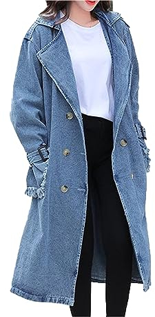 babao Trench Lungo in Denim da Donna Cintura Doppiopetto Cappotto Lungo in Jeans Cappotto Trench in Denim con Risvolto