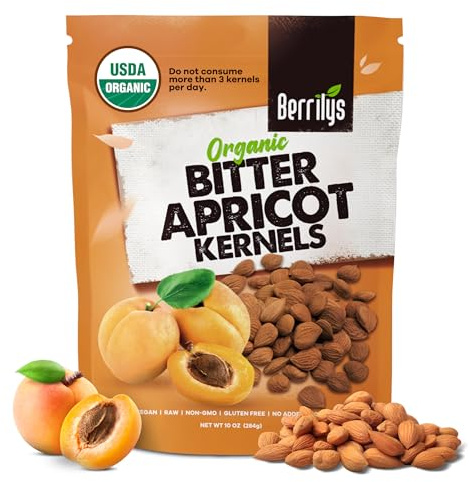 Berrilys Organic Bitter Apricot Kernels - USDA Certified Organic Bitter Apricot Seeds - Natural & Non-GMO, Premium Quality Kernals, No Sulfur or Additives - 10 oz