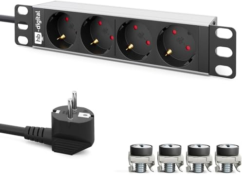 hb-digital 10 Zoll Steckdosenleiste 4-Fach für Serverschrank 1HE - Aluminiumprofil 230 VAC / 16 A - für Netzwerkschränke Serverschranke mit Befestigung - kompakte Energieverteilung
