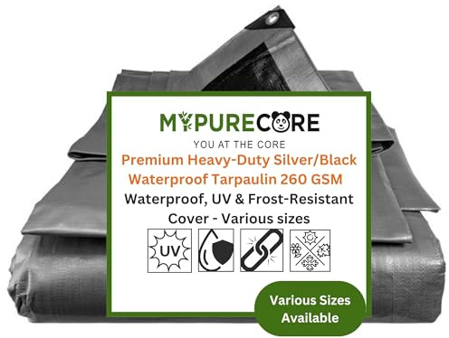 MYPURECORE Premium Heavy-Duty Tarpaulin 260 GSM - Waterproof, UV & Frost-Resistant Cover - Versatile for Camping, Garden, Gazebo, Trailer - Silver/Black Sheet with Reinforcement Edge (4m x 4m)
