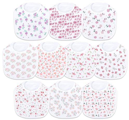 Hakochia Waterproof Baby Bibs for Boys and Girls, Soft and Absorbent 4-Layer Cotton Baby Bandana Bibs With Adjustable Snaps for Infants Newborn Feeding, Teething, Drooling,0-12 Months,10-Pack