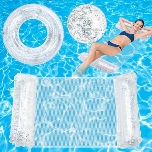 Vibbang Materasso Gonfiabile per Piscina, 3 Pezzi Paillettes Materassino Mare, Salvagente Gonfiabile, Anello di Nuoto, Giochi d'Acqua per Bambini Adulti, Accessori Per Giochi Feste Spiaggia Estive (A)