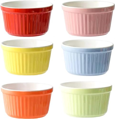 Juego de 6 ramequines de 8 onzas, ramequines de crema brulee aptos para horno, juego de ramiken de porcelana, soufflé, tazas de natillas para hornear y cuenco de helado (6 colores)