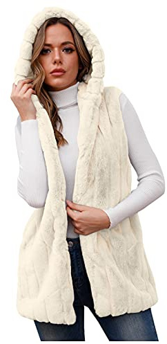 Gilet lungo da donna, in pelliccia sintetica, aperto, con cappuccio, senza maniche, caldo, invernale, in pelliccia, confortevole, morbido, per le mezze stagioni, per le mezze stagioni, bianco, XL