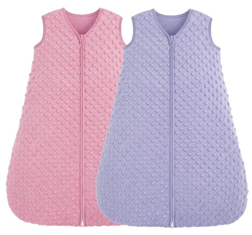 FIEMOL Schlafsack Baby 18-24 Monate 1.5 Tog, Neugeborene Schlafsack Herbst mit Plüsch Punkte, Weiche Winter Schlummersack Baumwolle, Baby Tragedecke Rosa&Lila 2er Pack 90cm
