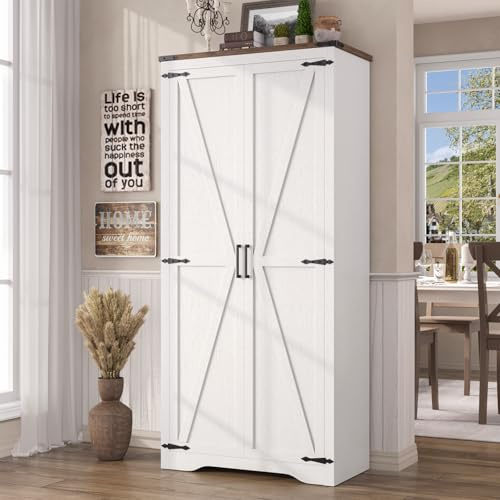 FiveWillowise 69 Tall Storage Cabinet with Adjustable Shelves, Farmhouse Pantry Organize with 2 Barn Doors, Large Freestanding Cabinet for Kitchen, Garage, Basement, Living, Utility Room, Off-White