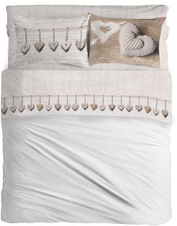 PENSIERI DELICATI Completo Letto Matrimoniale, Flanella 100% Cotone Caldo e Morbido, 2 Piazze 180x200cm, Include Lenzuolo Sotto, Sopra e 2 Federe, Made in Italy, Cuore Appeso Beige