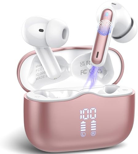 Cuffie Bluetooth, Auricolari Bluetooth 5.4 con 4 HD Mic, Suono Nitido, 40Ore Cuffie Wireless In Ear ENC Cancellazione Rumore HiFi Stereo, LED Display, Touch Control, USB-C, IP7 Impermeabile, Oro Rosa