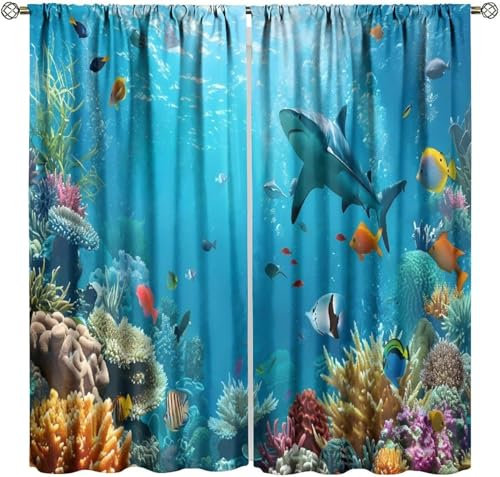 3D Verdunkelungsvorhang Ösen Tierhai,2Er Set 170X200 cm (B + H) Gardinen Wohnzimmer Gardinen Blickdicht Kinder Vorhänge Schlafzimmer Dekoschals Gardine-123981264