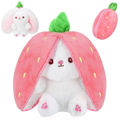XIMEY Lapin de Pâques en Peluche Carotte Fraise 25cm avec Fermeture éclair - Cadeaux Anniversaire, Carnaval (Fraise)