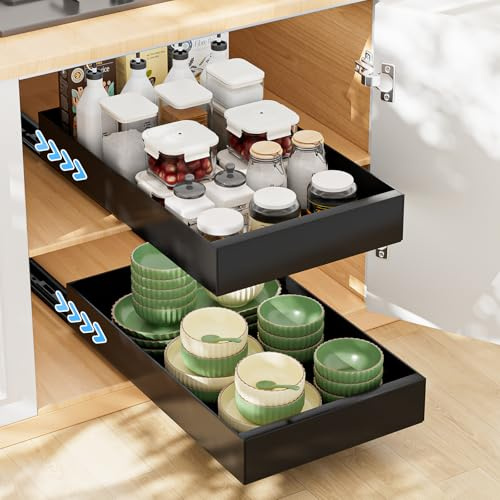 Cassetto telescopico per mobili da cucina, Vankarr 2 pezzi cassetto estensibile senza foratura, scaffale portaoggetti 43x25x7 cm, facile installazione, non richiede chiodi, nero