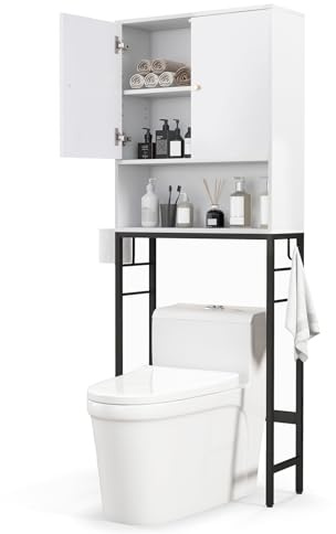 COSTWAY Meuble WC, Meuble Machine à Laver, Rangement de Salle de Bain à 2 Portes et Compartiment Ouverte, 2 Crochets Latéraux, 23 x 63 x 165,5 cm (Blanc)