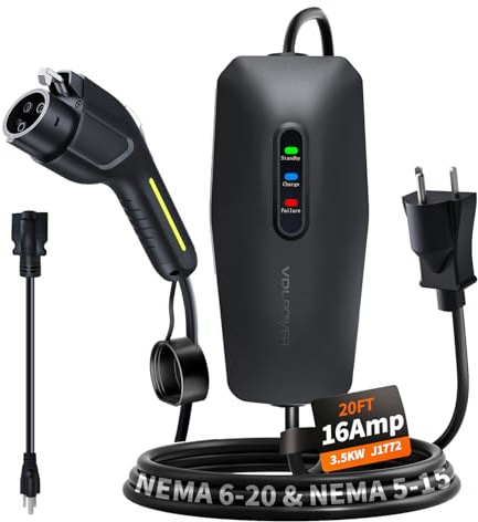 VDLPOWERVP Level 1&2 EV Charger, Electric Vehicle Portable Charger with 20FT Cable, 3.5KW 16Amp Home EV Car Charging Station, 110V-240V NEMA 6-20 & NEMA 5-15 Plug Adapter, for All SAE J1772