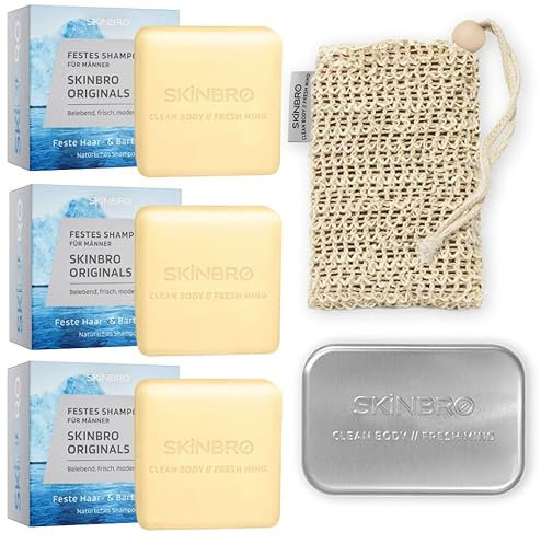 SKINBRO® Shampoo Set Männer Originals – 3x festes Shampoo, inkl. Sisalsäckchen & Alu-Seifendose – Sportlich & frisch, silikonfrei, vegan & nachhaltig – Für Haar, Bart & Körper – Made in Germany