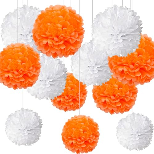 12pcs Orange and White Tissue Paper Pompoms,Hanging Paper Pom Poms for Orange and White Party Decoration