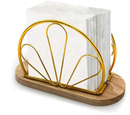 Napkin Holder, Metal Serviette Holder Napkin Dispenser with Wooden Base Paper Napkin Holder for Tables Dining Bars Weddings Party Picnic (Gold)