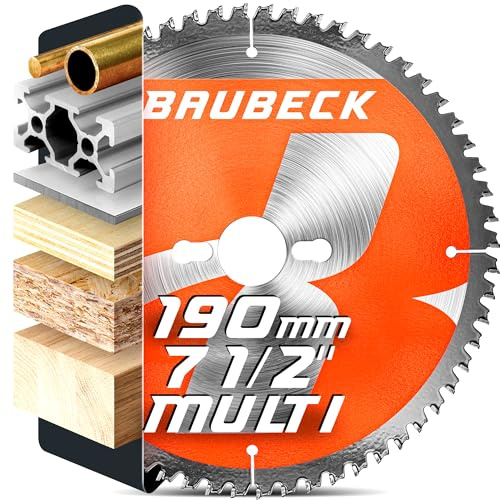 BAUBECK Circular Saw Blade 190mm x 30mm / 1 / 20 / 16mm for fine finish in Wood, Metal etc. - TCT 190 mm saw blade x 80T - Compatible with Dewalt 54v, Evolution, Makita Freud 190mm saw blade