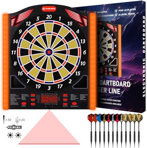 WIN.MAX Elektronische Dartscheibe Profi Set mit Laser Throw/Toe Line Marker mit Deutsche Stimme-Geeignet für Batterien/Adapter für 1 bis 8 Spieler mit 12 Darts (2025-NEU-Seitenleuchte)