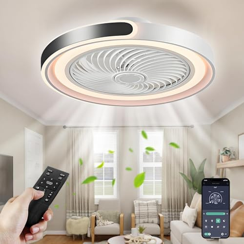 TYJY LED Leise Deckenventilator Mit Beleuchtung, 70W Dimmbar Deckenleuchte Mit Ventilator, Mit Fernbedienung Und APP Timer Lampe Mit Ventilator, 6-Gang, für Wohnzimmer Schlafzimmer (Weiß+Schwarz)