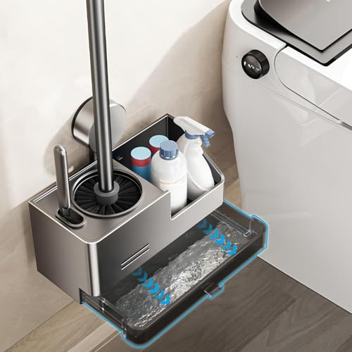 Toilet Brush and Holder Set, Suction Cup Toilet Bowl Scrubber with Drip Tray, Wall Mounted Bathroom Cleaners Brush Shelf, Apartment RV Dormitory Camper Spring Cleaning Essentials Gadgets