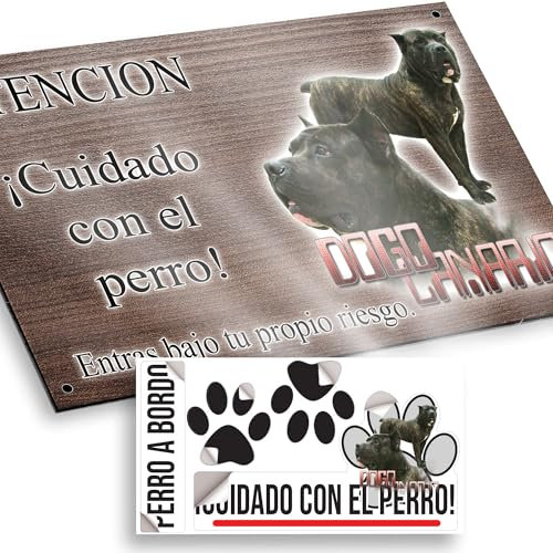 Dogo de Canarias Cartel Cuidado Perro Peligroso 20x12,5cm - Diseño Madera Marrón Dibond con Pegatina Coche 20x5cm