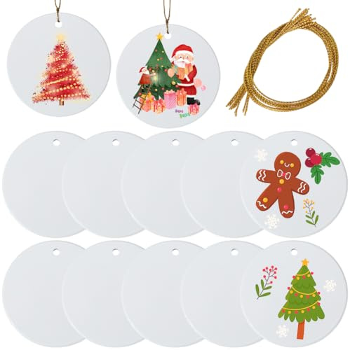 SOFPLATE 12 Stück Runde Sublimationsornament Rohlinge Hängende Sublimationsrohlinge Mit Jutekordeln Porzellan Weiße Keramik Wärmeübertragung Personalisierte Anhänger Tags Für Weihnachtsbaum Hochzeit D
