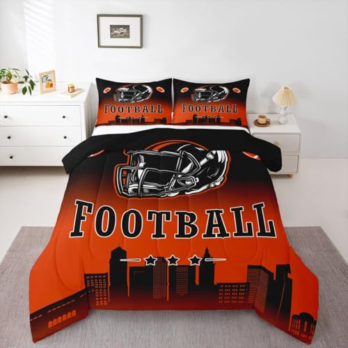 Erosebridal Football City Comforter Sports Rugby Bedding Set Black Orange Ombre Football Comforter Set Twin Size for Kids Boys Teen Adults Room Decor,Ball Sports Games Quilt Duvet(Cleveland)