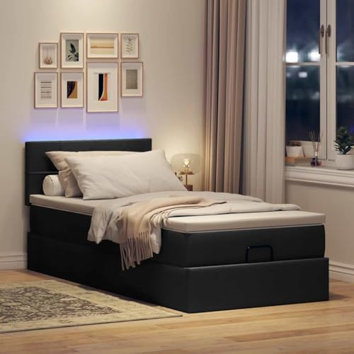 Hoodmeel Boxspringbett 100x200 mit matratze und Led Bett 100x200 mit matratze und lattenrost Bett mit Bettkasten und Matratzentopper Polsterbett Doppelbett mit Stauraum-Schwarz-100 x 200 cm