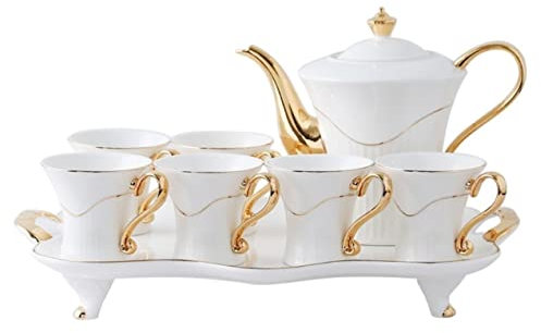 Service à thé, tasse à café, service à thé, 8 pièces, service à thé, garniture dorée, style européen, pour dîner de fête, service à café et à thé en porcelaine émaillée (ensemble blanc de 8 pièces)