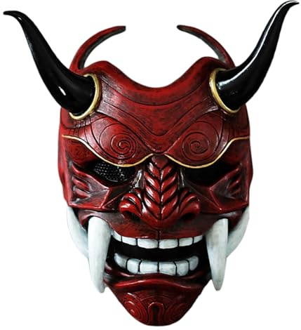 Oni-Maske, japanische Hannya-Maske aus Latex, gruselige Samurai-Vollgesichtsmaske mit Reißzähnen und Ochsenhorn, 27, 9 x 24, 1 cm Horror-Teufelsmaske mit Gummiband für Halloween, Maskerade, Cosplay