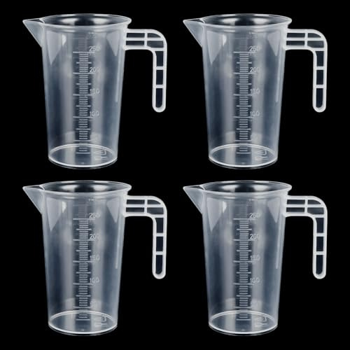 Yaunming 4 Stück Messbecher 250 ml, Mixbecher, Cocktail Messbecher, Hitzebeständiges PP-Kunststoff, V-Förmiger Auslaufsicherer Ausgießer, Rutschfester Griff, für Labor Küche Backen Mixen
