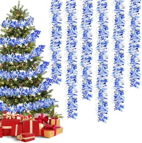 Forbabe 6 Stück 2M Weihnachtsbaum Girlande, Lametta Weihnachtsbaum Blau, Weihnachtsgirlande Hängende Dekoration für Weihnachts Vorhang Christbaum(Blau)