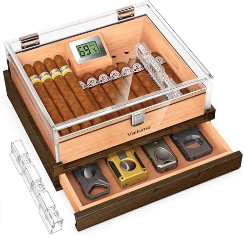 VALLUME Humidificador de puros, humidificador acrílico transparente de alta definición, caja de humidificador de escritorio con cajón de accesorios para puros, incluye humidificador de gel e