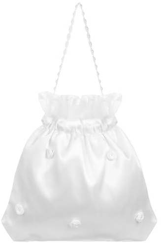 Hemobllo Borsa da sposa in raso bianco con accenti floreali, elegante borsa da damigella d'onore per matrimoni, borsa floreale per sposa e damigelle d'onore