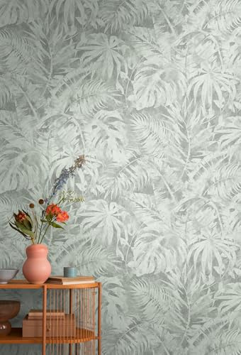 Livingwalls Palmenblatt-Tapete by COSMOPOLITAN – Grau, Grün – 8,80 x 0,53 m | Florales Palmenblatt-Motiv als natürlicher Blickfang – matte Motivtapete, einfach zu verkleben & spurlos abziehbar