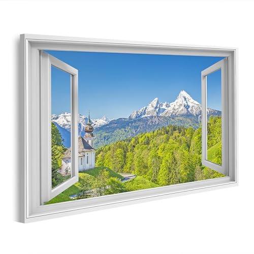 islandburner Bild auf Leinwand Blick auf die Alpen durch ein offenes Fenster im Fruehling Bilder Wandbilder 80x40cm