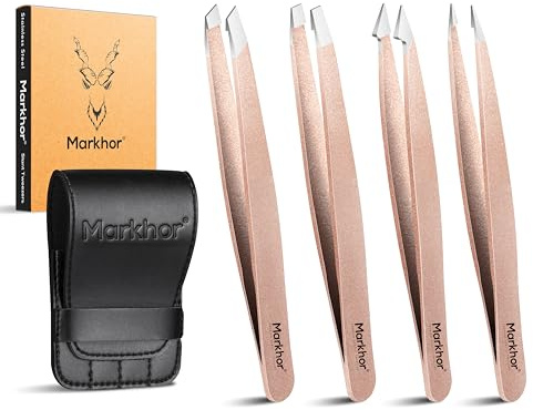 MARKHOR® Rose Gold - Set Profesional de Pinzas de Precisión y Pinzas Depilar para Cejas Vello Facial Astillas y Pelos Encarnados - Acero Inoxidable con Estuche (Pack de 4)