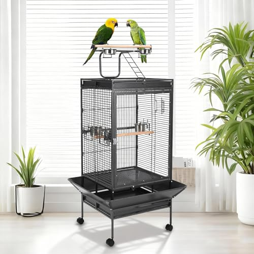 64.4 Wrought Iron Bird Cage, Heavy-Duty 25 Lbs, Play Top, Rolling Stand, Stainless Bowls, Non-Toxic Coating, Easy Clean Flight Cage for Parakeets, Cockatiels, Conures, Finches