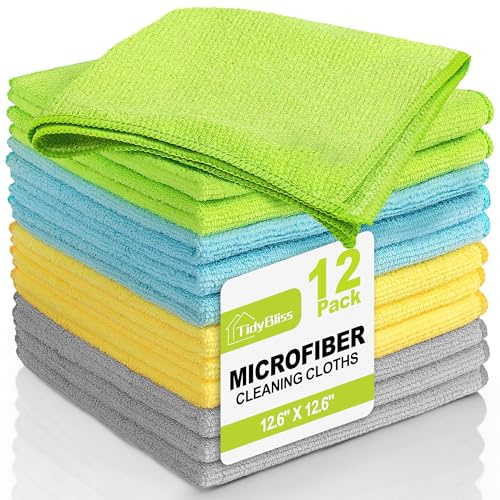 TidyBliss Mikrofasertücher 12 Stück, Microfasertücher Putzlappen 32 x 32 cm, Wiederverwendbar Mikrofaser Putztücher, Geschirrtücher für Haus Küche Badezimmer Auto Fenster (Grün/Blau/Gelb/Grau)