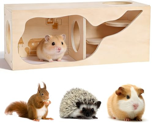 Hamstergömställe trähus, hamsterhus, hamstertunnel och hamsterlabyrint som flerkammarhus – magnetisk modulär hamster tillbehör och leksaker för dvärghamstrar, syriska hamstrar och små djur
