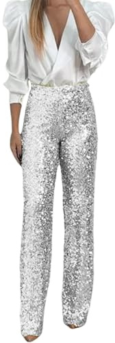 Glitzer Hose Damen Lang Festliche Hohe Taille Pailletten Pailettenhose Party Palazzo Glitzerhose Freizeithose Silber Schlaghose Breite Bein Hosen