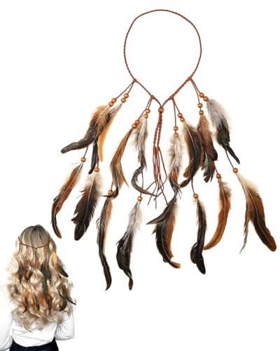 MOPZIJA 1Pcs Boho-Stirnband mit Federn, Vintage-Kopfschmuck, Hippie-Kopfkette, indischer Haarschmuck, Karneval Kostüm Damen, Haarschmuck für Damen und Mädchen