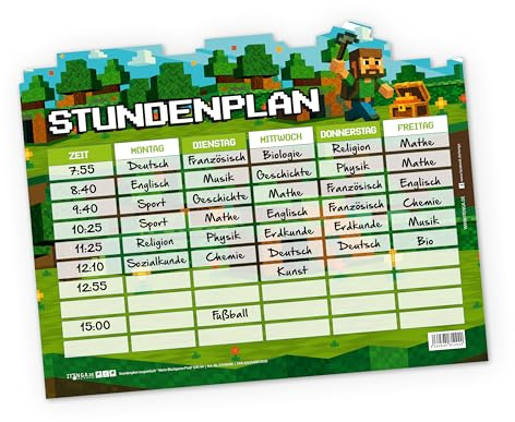 itenga Stundenplan DIN A4 magnetisch mit Motiv 31x22,5cm abwischbar z.B für den Kühlschrank für Mädchen und Jungen (Blockgame - Pixel)